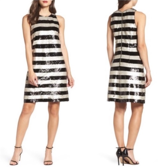 Eliza J Reversible Sequin Black & White Striped Shift Dress Size 14 - Picture 1 of 17